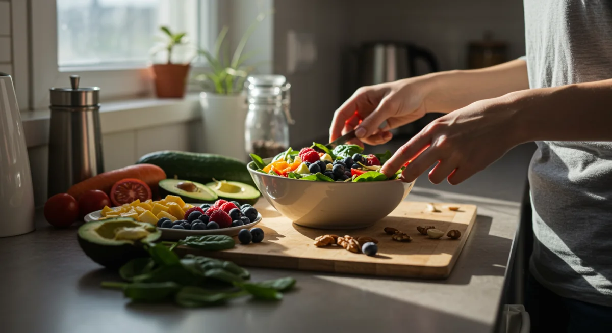 Preparing a vibrant anti-inflammatory salad with fresh, healthy ingredients.