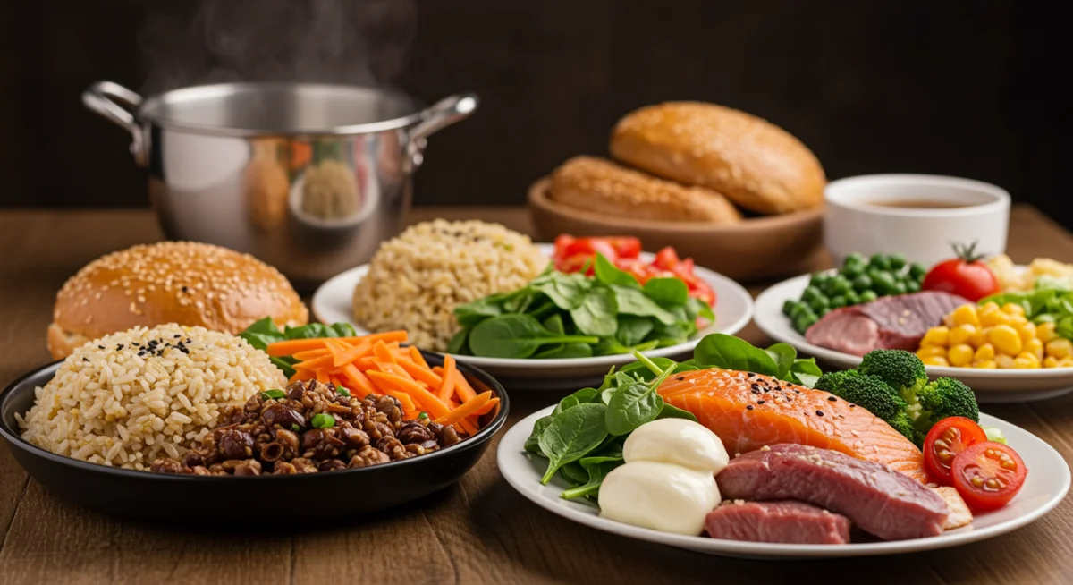 Balanced and colorful meal with protein, greens, and whole grains for enhanced nutrient uptake.