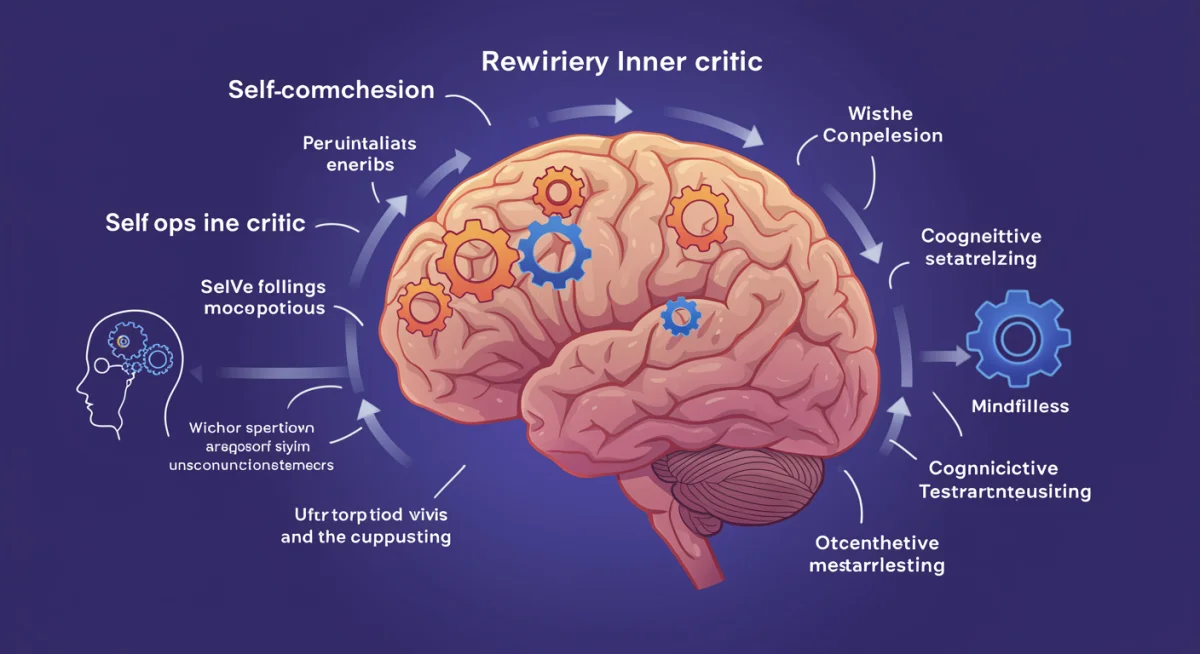 Brain infographic showing positive thought processes and rewiring inner critic