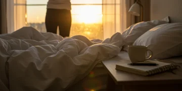 Person stretching in a sunlit bedroom, symbolizing a calm and productive morning routine.