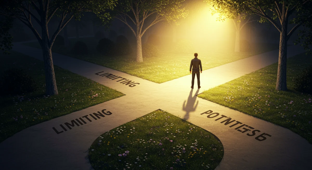 Person choosing path of potential over limiting beliefs