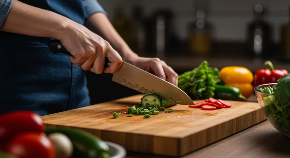 Person chopping fresh vegetables for meal preparation