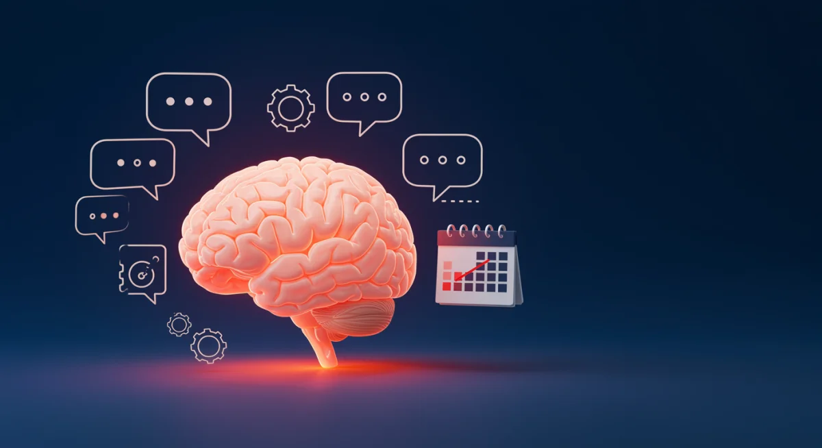 Brain with positive thoughts and a calendar showing 10 minutes for reflection