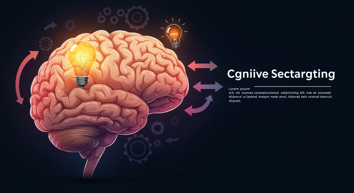 Brain infographic showing cognitive restructuring, positive thoughts replacing negative ones.