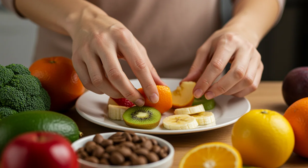 Hands consciously preparing a plate of fresh fruit, illustrating mindful food choices.