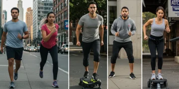 Diverse Americans engaging in quick daily movement activities in urban and home settings.