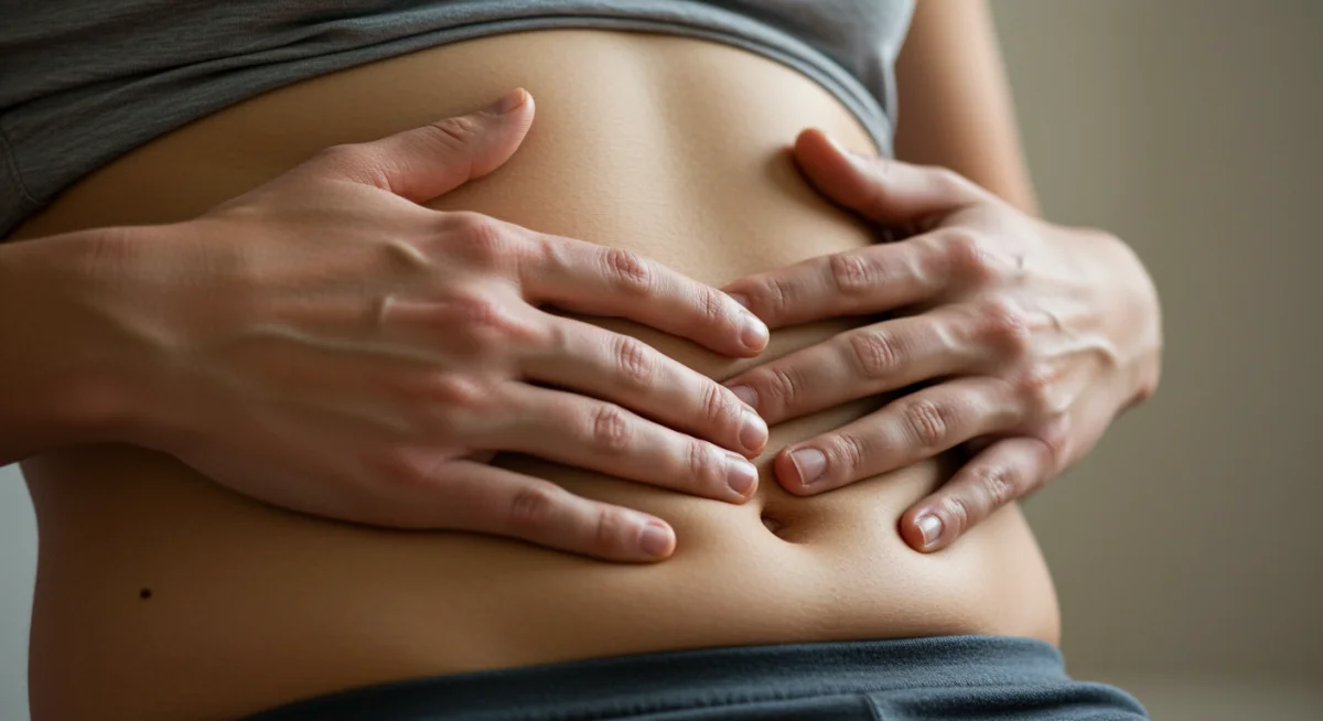 Hands on abdomen demonstrating diaphragmatic breathing