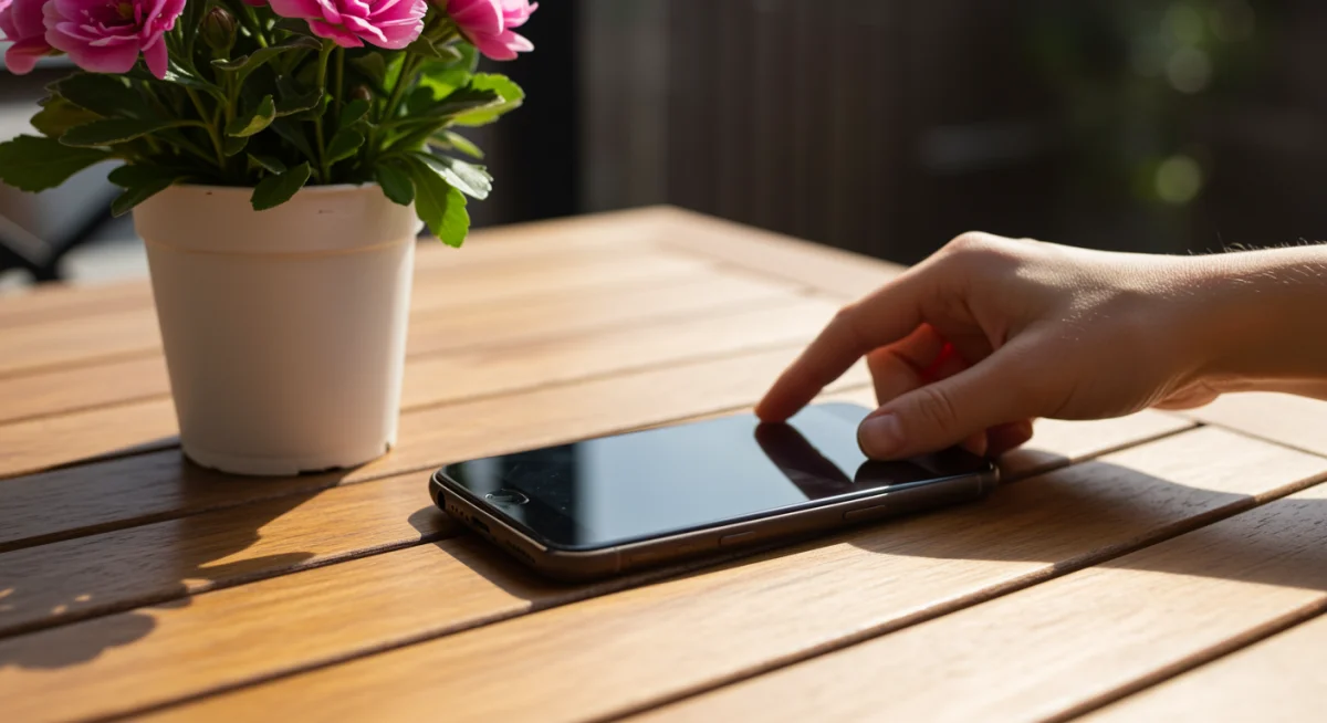 Digital detox: smartphone placed face down next to a plant