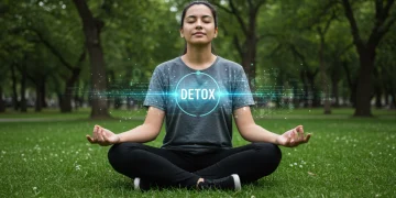 Person meditating in a park, symbolizing a digital detox and mental clarity.
