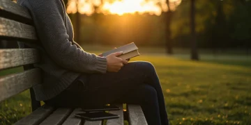 Person enjoying nature with a book, phone beside them, symbolizing digital detox