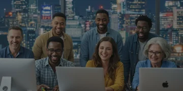 Diverse professionals collaborating with a growth mindset in a dynamic US urban setting.