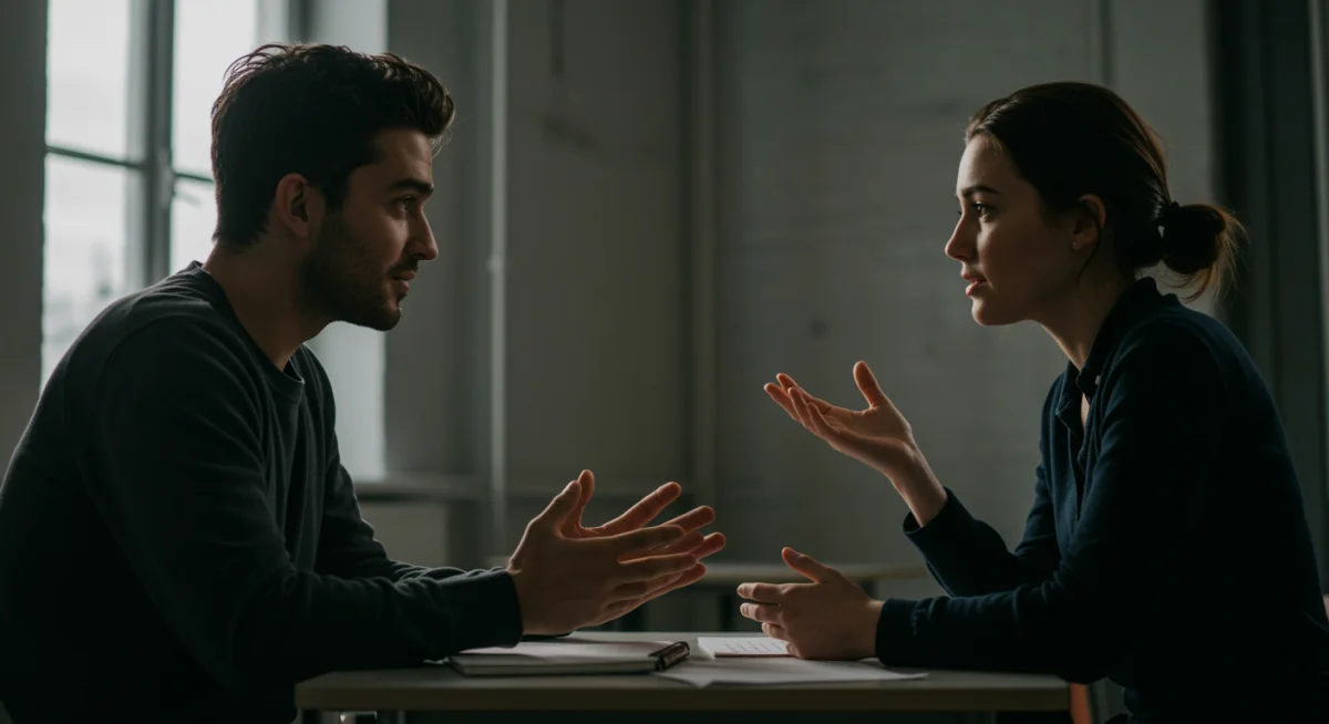 Two individuals deeply engaged in empathetic conversation