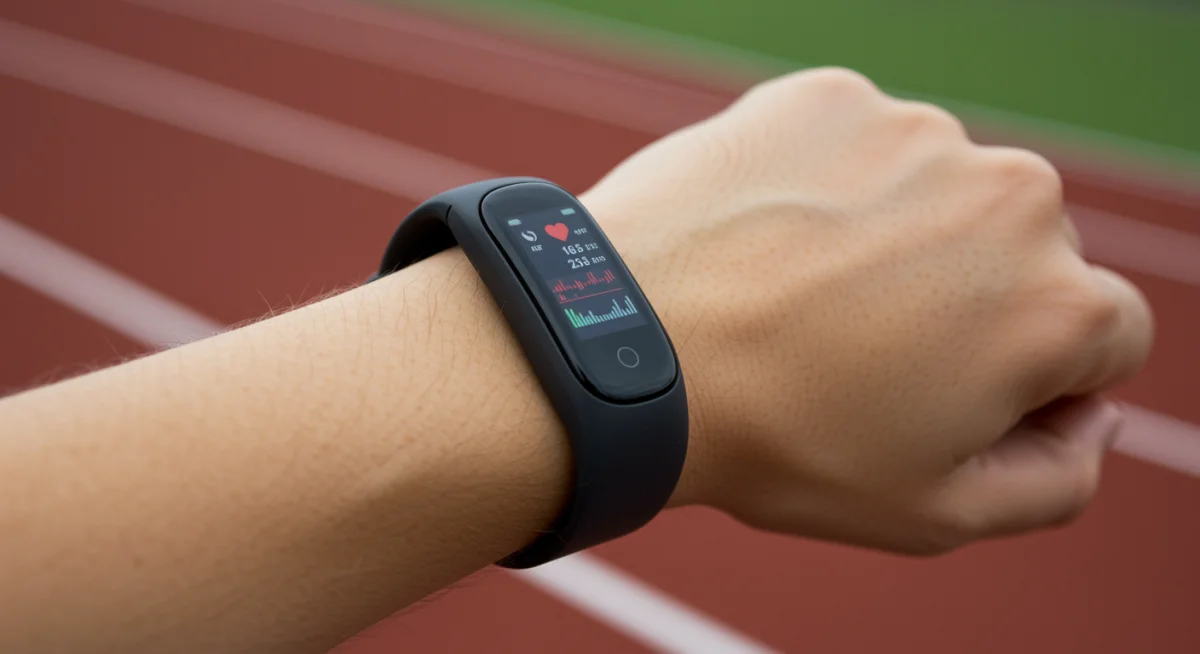 Advanced fitness tracker displaying heart rate and exercise data on a person's wrist during a workout.