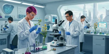Scientists discovering new adaptogens in a futuristic lab setting, emphasizing innovation.