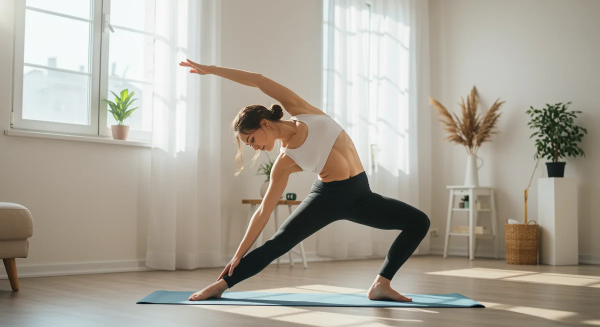 Person performing gentle yoga stretch in a sunlit room