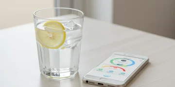 Glass of water with lemon and ice next to a water tracking app on a smartphone, symbolizing hydration and modern tracking methods.