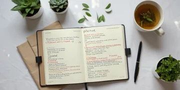 Open gratitude journal with pen and tea, symbolizing mindful reflection