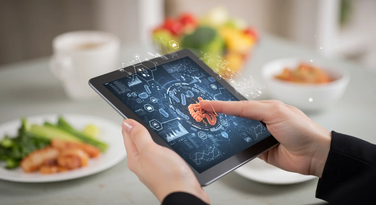 Tablet showing gut microbiome data visualization with healthy food in background