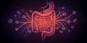 Abstract illustration of gut microbiome influencing overall health and well-being
