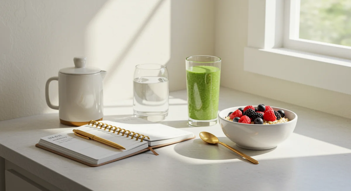 Healthy breakfast and planner on kitchen counter for an organized morning.
