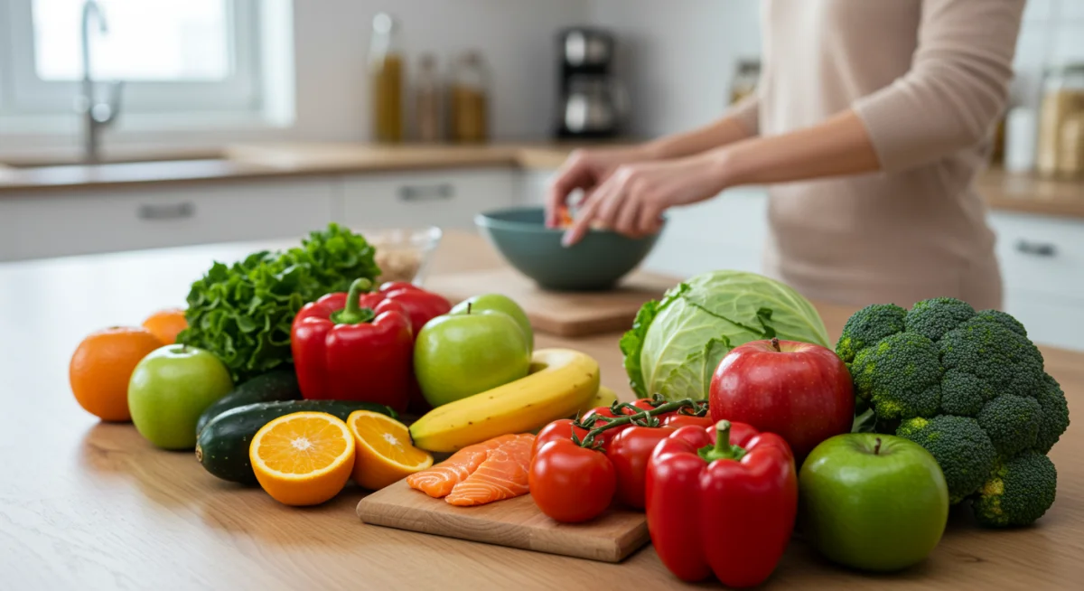 Fresh produce on a kitchen counter, representing healthy eating as a core wellness investment.