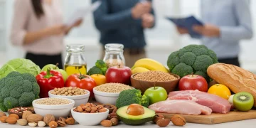 Colorful healthy food spread with fruits, vegetables, and grains