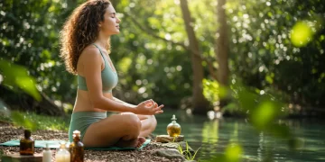 Woman meditating in nature, surrounded by holistic health elements, symbolizing natural energy and well-being.