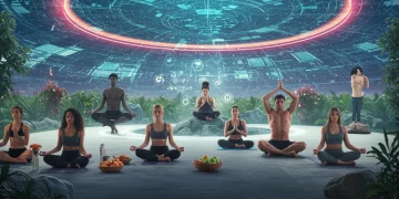 Diverse individuals embracing holistic health practices in a modern, vibrant setting, symbolizing the future of well-being.