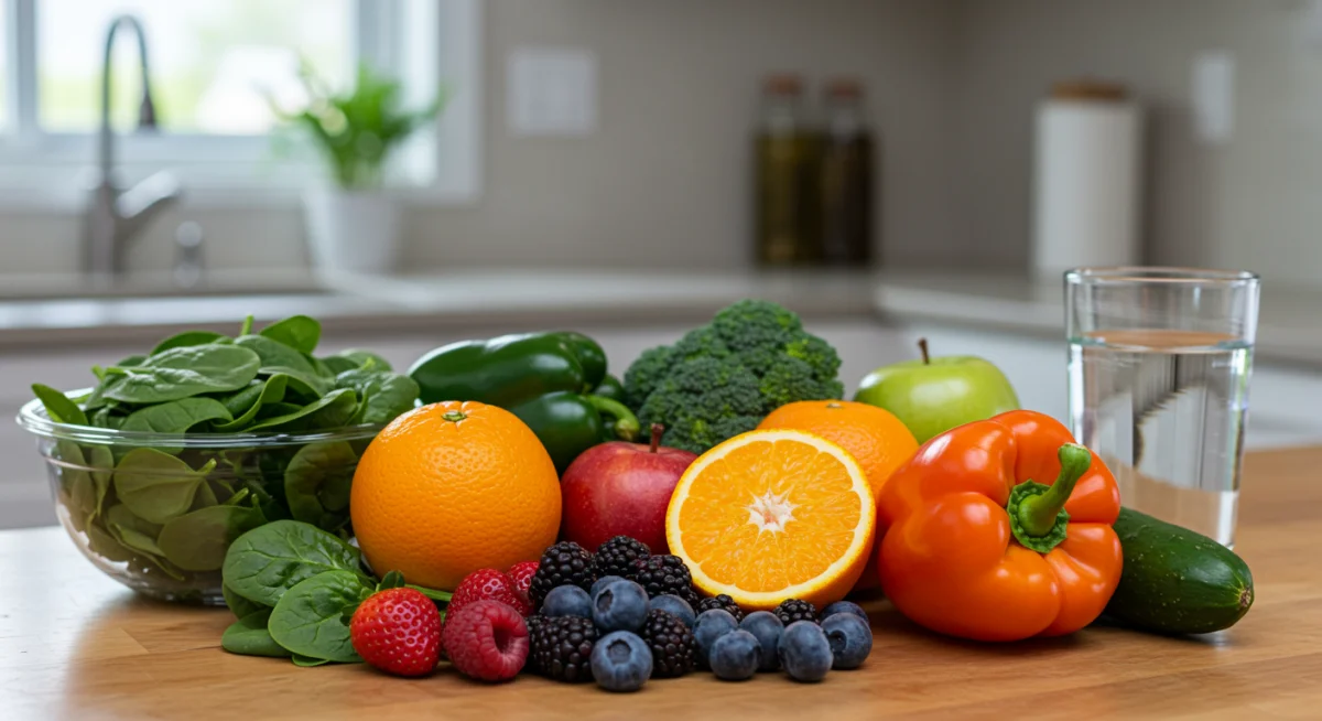 Assortment of colorful fresh fruits and vegetables for immune-boosting diet