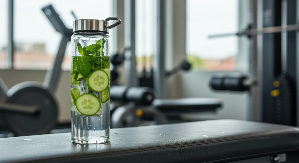 Infuser bottle with cucumber and mint, perfect for staying hydrated during workouts.
