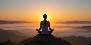 Woman meditating at sunrise, symbolizing inner peace and tranquility