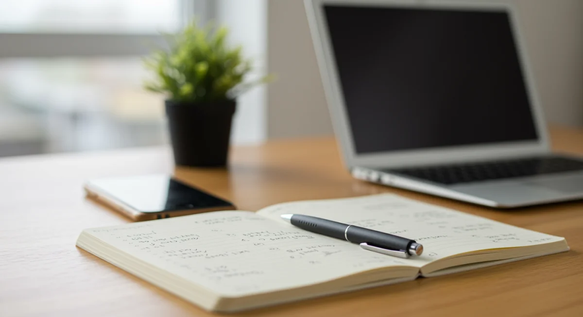 Journal and pen on a desk, representing intentional planning and analog focus