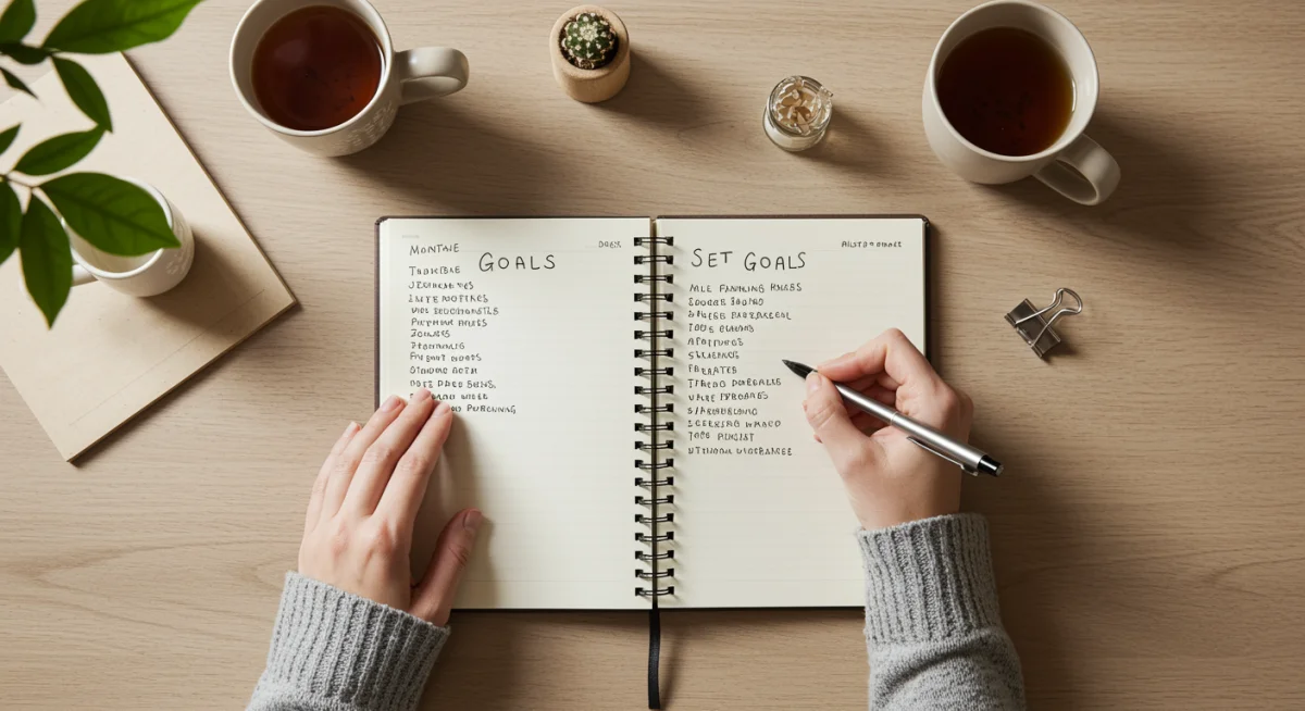 Person journaling goals with focused intention, emphasizing deliberate planning for success.