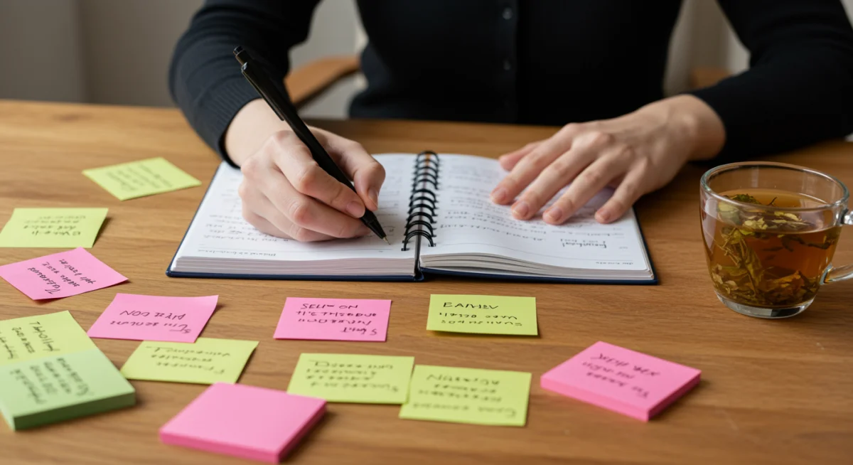 Person writing in a journal, reflecting on habits and triggers