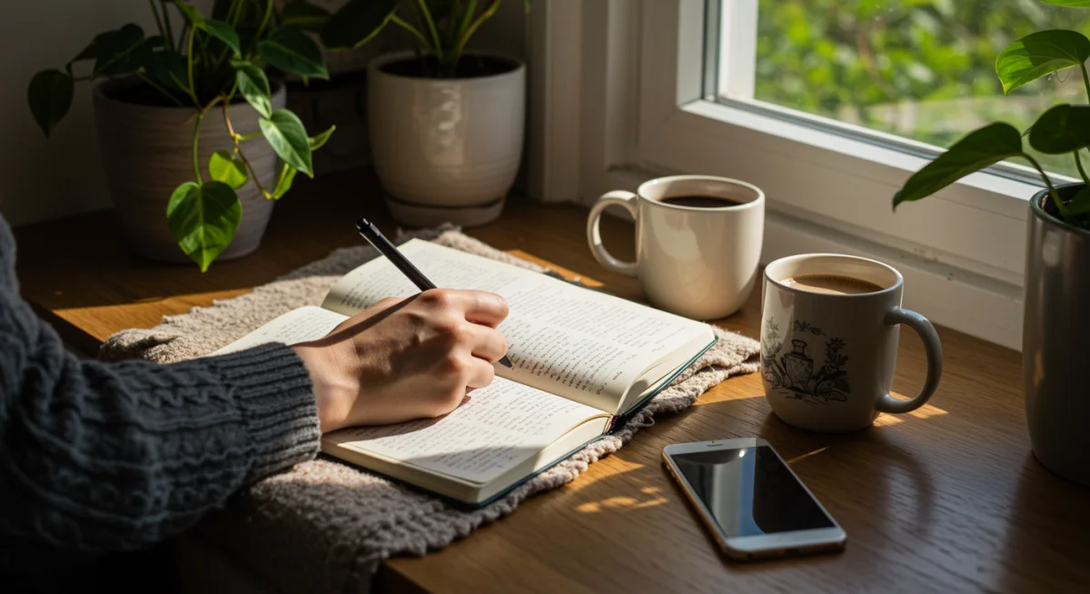 Person journaling in a peaceful room, practicing mindful disconnection from technology.