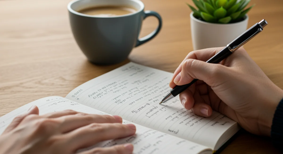 Hand writing in a journal, symbolizing mindful planning and daily reflection.