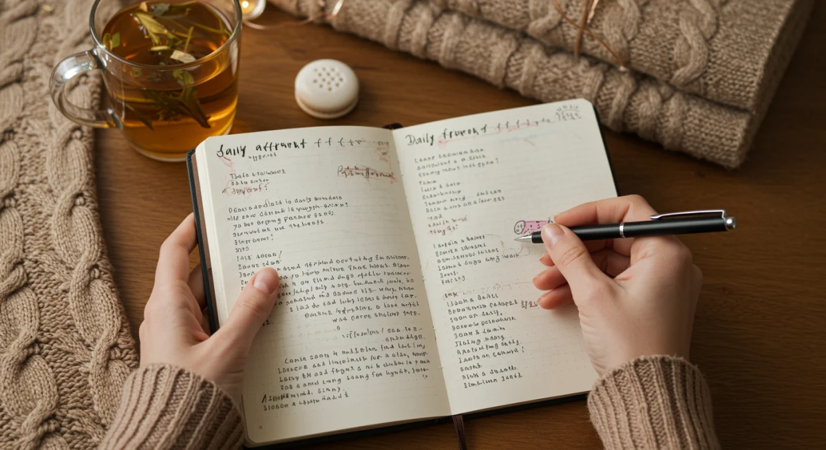 Person journaling, reflecting on daily experiences and practicing mindfulness for stress management.