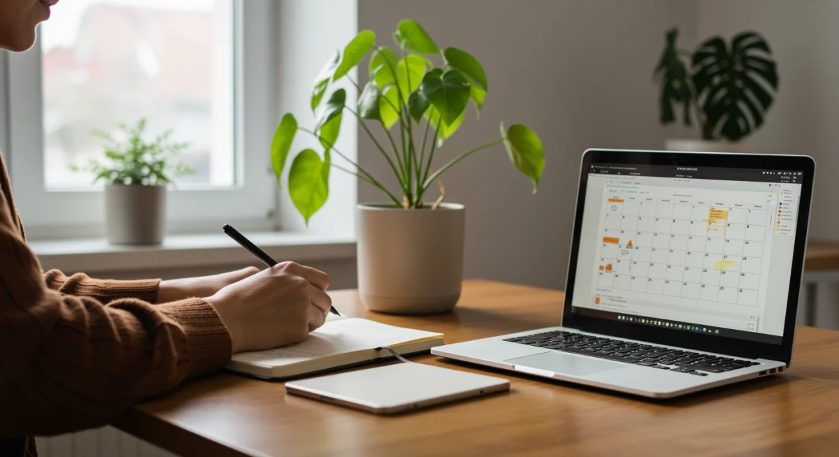 Individual journaling and reflecting on personal growth strategies in a calm home office.