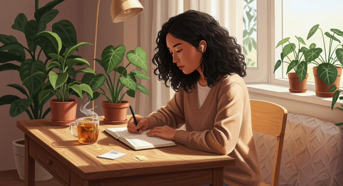 Person journaling and reflecting, focusing on personal growth and self-improvement.