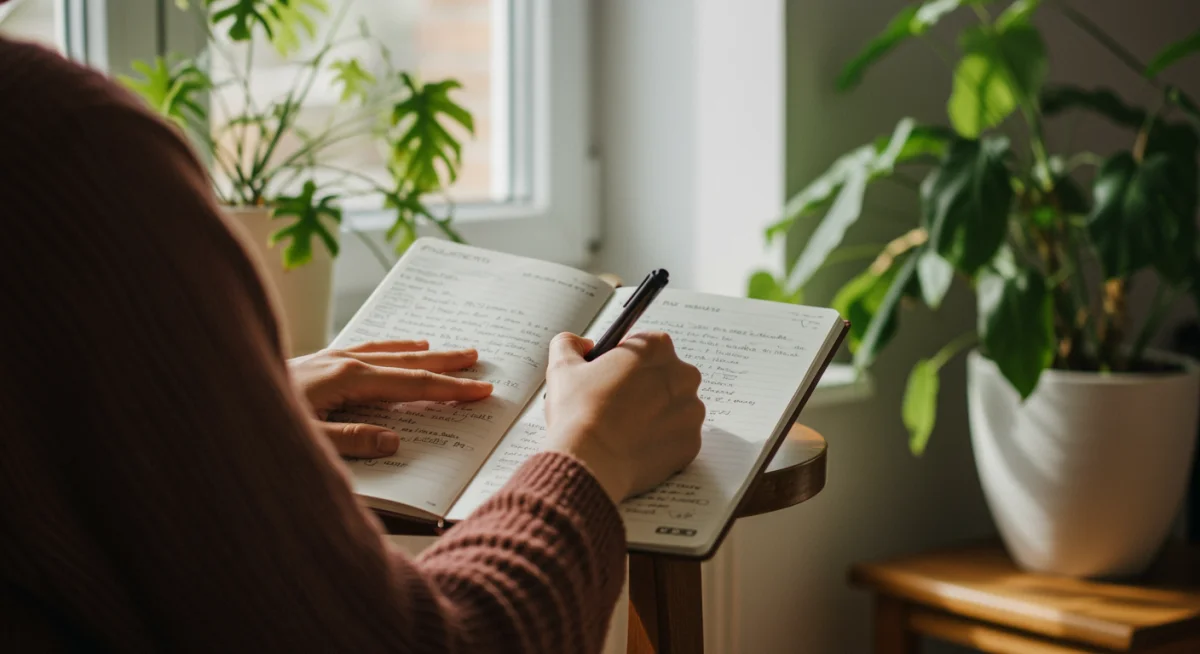Person journaling in a tranquil setting, practicing self-reflection and gratitude.