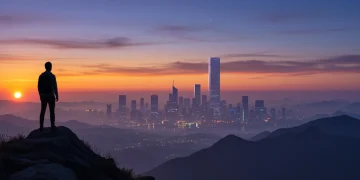 Person overlooking futuristic city at dawn, symbolizing emotional resilience and overcoming 2025 challenges.