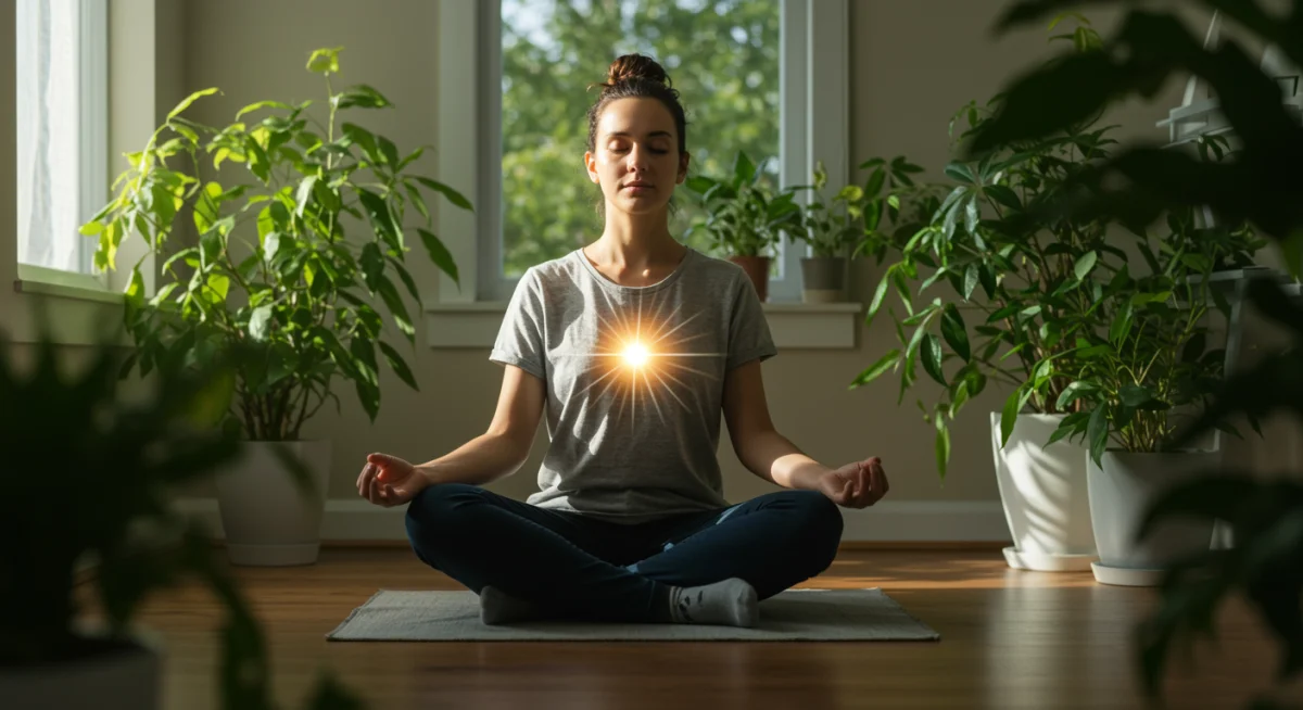 Person meditating peacefully in a sunlit room, embracing personal time