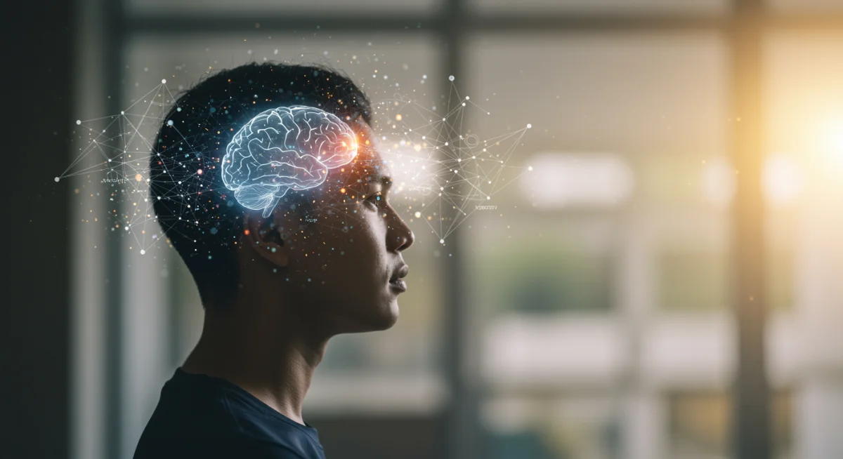 Person meditating with abstract connections, symbolizing mental clarity and growth mindset