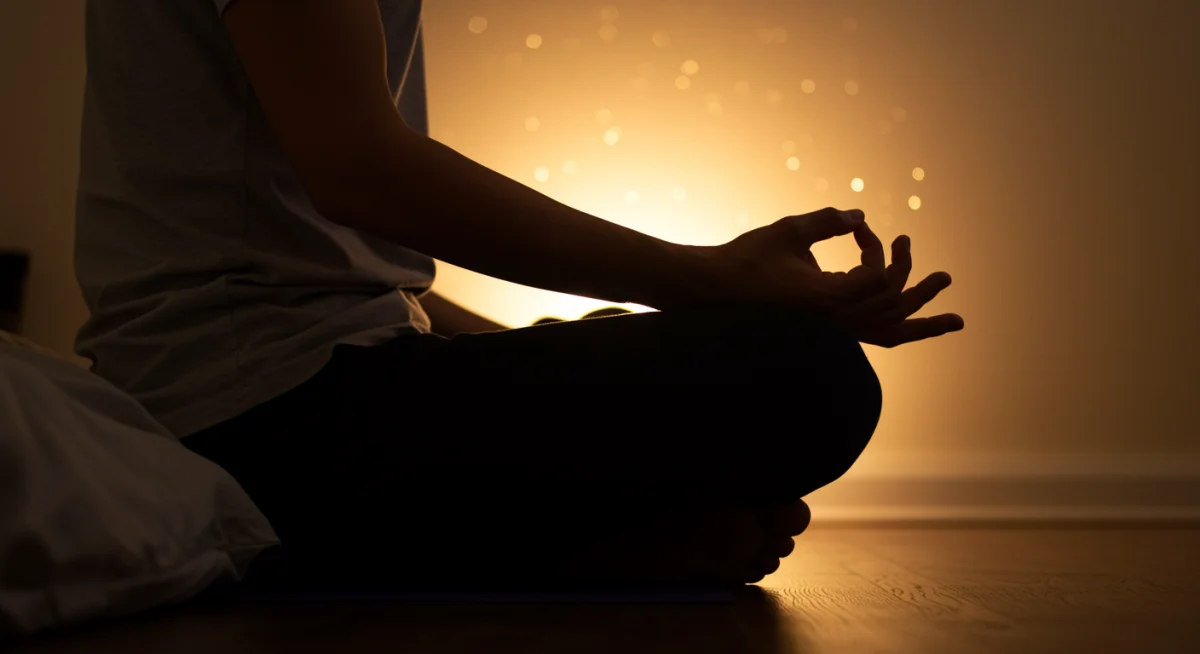 Person meditating in a dim room before sleep for stress reduction.