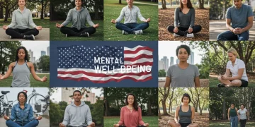 Diverse people practicing mental well-being habits in various U.S. settings.