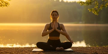 Woman meditating by a lake at sunrise, symbolizing mind-body harmony and stress reduction.