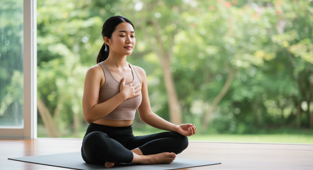 Individual engaging in mindful deep breathing practice.