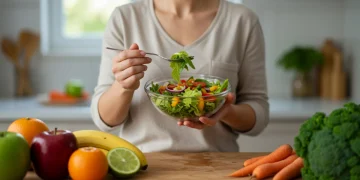 Person mindfully eating a colorful salad in a bright kitchen, embodying healthy habits.