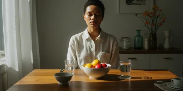Woman practicing mindful eating with fresh fruit and water