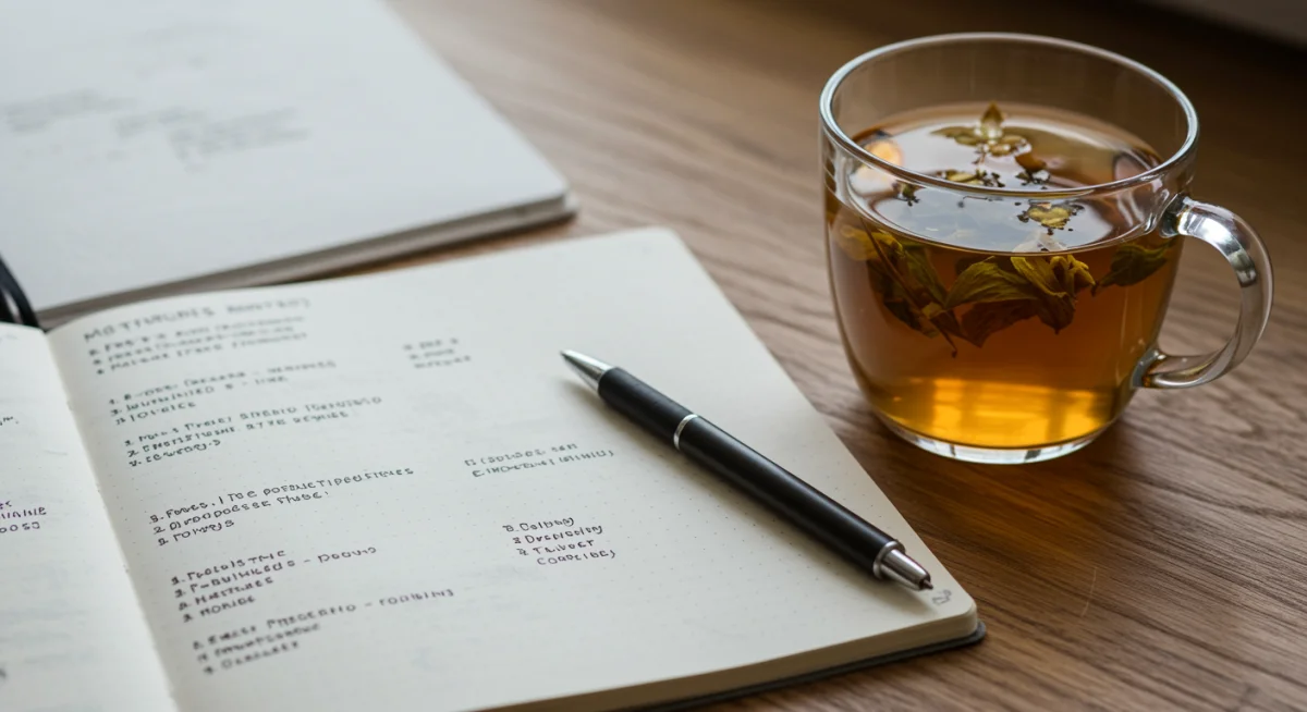 Journal and tea, symbolizing mindful morning planning and reflection.